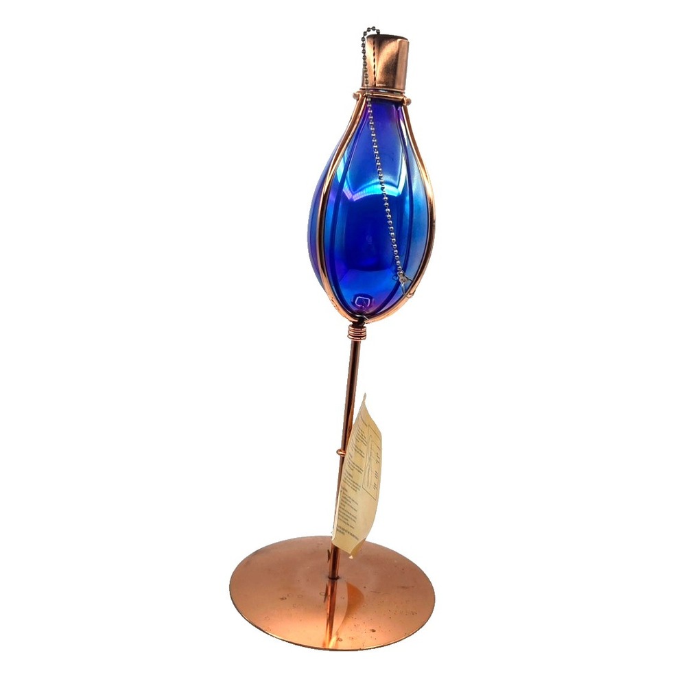 Hand Blown Blue Irridized Glass Oil Lamp on 18" Copper Plated Stand With Cap